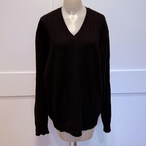 VTG Barneys New York Cashmere V-Neck Sweater Black Ribbed Unisex XL Luxury Italy